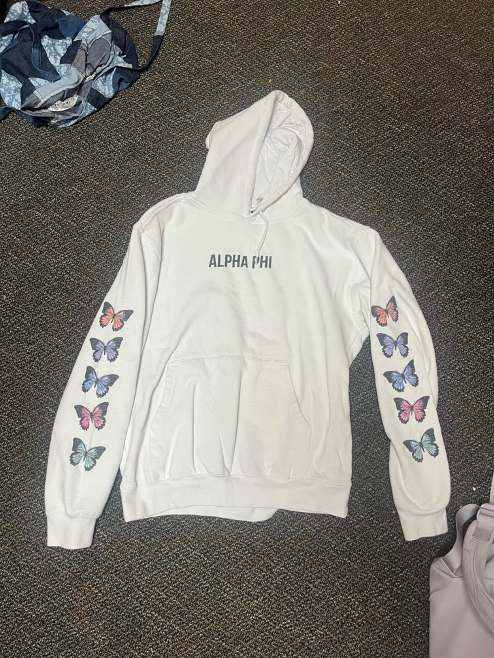 Alpha Phi White Hoodie with Multicolor Butterfly Sleeves